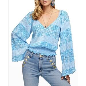 Ramy Brook Stella Chevron V-Neck Bell Sleeve Top Blouse  Blue - Size M